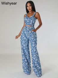 Sexy Spaghetti Straps Crop Tops and Wide Leg Pants Denim Two Piece Set Women Birthday Night Club Flowers Jacquard Jeans Suits 240422