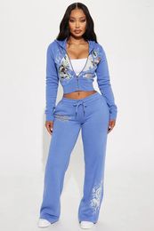 Women's Two Piece Pants STYLISH LADY Cartoon Letter Printed 2 Set Women Long Sleeve Hooded Jacket And Drawstring Pant Suits 2024 Fitness