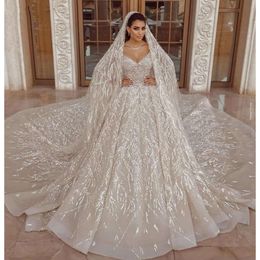 Champagne Ball Arabic Gown Dresses Sleeve Sequins Beaded Bridal Wedding Gowns With Long Train Bes121 s