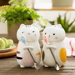 Mugs 400ml Cute Kawaii Cat Cup Creative Ceramic Coffee Cup with Spoon Ceramic Milk Cup with Lid Animal Beverage Best Gift J240428