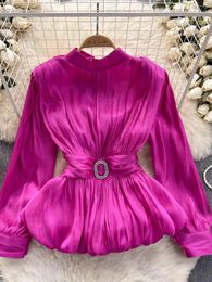 Women's Blouses Spring Autumn Vintage Women Purple/White/Black Blouse Elegant Stand Collar Bow Long Sleve Ruffle Tops Female Blusas Fashion