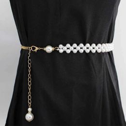 Waist Chain Belts Fashion Adjustable Acrylic Pearl Belt Women Ladies Metal Thin Chain Belt Slim Body Chains Straps Dress Skirt Elastic Waistband