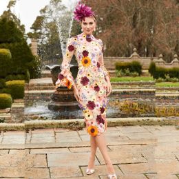 Prom Flowers 3D -motiv Floralklänningar Tea längd Mantal Formella aftonklänningar Hög hals Långärmar Spets special OCN -klänning för kvinnor