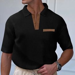 Casual Turndown Collar Pocket Polo Shirts For Men Summer Short Sleeve Slim Vintage Waffle Tops Mens Clothes Fashion T Shirt 240423