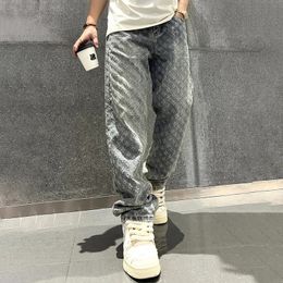 Jacquard Pattern Denim Pants Male Straight Fitting Baggy Bottoms Distressed Wide Jeans For Men 240420