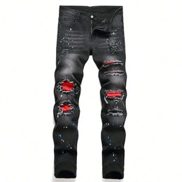 Men y2k Stretchy Skinny Denim Jeans For Men Casual pants Ripped Patchwork Hole Slim Fit Denim Hip Hop Black Straight Trousers 240412