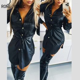 Casual Dresses Women Solid Pu Leather With Belts Turn Down Neck Buttoned Sexy Shirt Dress Top