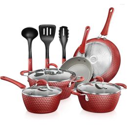 Cookware Sets Non-Stick Kitchenware Pots & Pans-11 Pcs. Stylish Kitchen Set W/Elegant Diamond Pattern Grey Inside