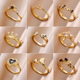 Band Rings Gold stainless steel ring suitable for women exquisite zircon crown heart-shaped Anillos open adjustable ring Jewellery wedding gift new Q240427