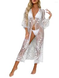 Womens Bikini Cover Ups Floral Lace See Through Swimwear Beach Open Front Cardigan Tank Dress