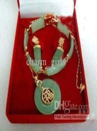 Classic luxury girl lady jewellery set Noblest green jade 18k gold filled link pendant bracelet earrings necklace jewelry set4139539
