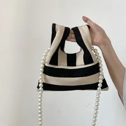 Evening Bags Pearl Chain Strap Women's Handbag Stripe Pattern Canvas Mini Shoulder Bag Fashion Casual Ladies Crossbody Small Purse