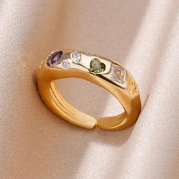 Cluster Rings Zircon Heart Finger For Women Gold Colour Irregular Stainless Steel Ring Engaement Wedding Aesthetic Jewellery Girls Gift