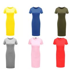 Womens Short Sleeve Knee Length Casual Bodycon Midi Long for T Shirt Dress Plain Solid Colour Round Neck Pencil Sundress 240422