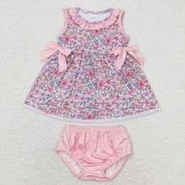 GBO0313 Summer Boutique toddler baby girls clothes Floral pink lace bow briefs set Wholesale for sets 240426