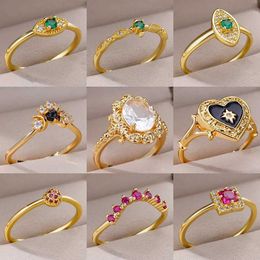 Band Rings Womens Colourful Stainless Steel Ring Colourful Cubic Zircon Heart shaped Adjustable Ring Fashion Jewellery Wedding Gift Q240427