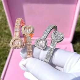 Lifeng Jewellery Moissanite Bracelet Ice Hip Hop Baguette Cut Diamond Heart Shape Bangle Bracelet Silver Rose Gold Plated Wome