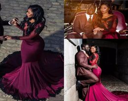 2018 African Burgundy Prom Dresses Sheer Long Sleeves With Black Appliques Lace Mermaid Formal Party Evening Gowns Vestidos De Fie3840077