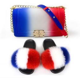 2021 Rainbow color shoulder designer handbags raccoon real fox slides handbag sets and matching purse jelly purses with slippers2166782