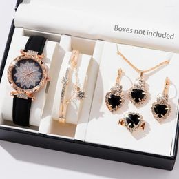 Wristwatches 6PCS Black Elegant Women Quartz Watch Flower Dial Star Bracelet Heart Jewelry Set Business Fashion Casual WristWatch Gift