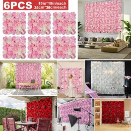 6PCS Artificial Flowers Rose Wall Panel 3D Flower Backdrop for Home Salon Wedding Party Bridal Shower indoor Outdoor Decoration 240422