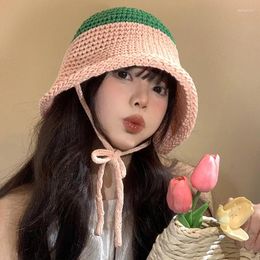 Berets Japanese Color Matching Woven Straw Hat Women's Spring And Summer Seaside Sun Hats Outdoor Dome Foldable Lace-up Bucket Cap