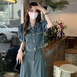 Work Dresses Retro Denim Shirt Coat Skirt Suit Women Summer Puff Sleeve Top High Waist A-Line Casual Female Two Piece Set