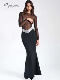 Casual Dresses Ailigou Women's Sexy Long Sleeve Mesh Diamond Sparkling Black Maxi Strap Dress Elegant Celebrity Party Evening