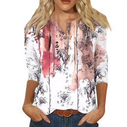 Women's T Shirts Fashionable Floral Printed Three Quarter Sleeve Button Collar Chest Pocket Top T-Shirt Bottoming Shirt Women Fashion