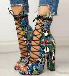 Sexy Multicolor Snake Skin Print High Heel Lace Up Tassel Decoration Open Toe Summer Wedding Shoes Woman Sandals Large Size2792165