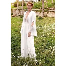 ドレスエレガントなジャンプスーツ花嫁のマザーオブレースアプリケーションイブニングドレスラップフォーマルな母の服を着た長袖