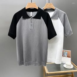 Men's Polos Summer Clothing Men Slim Luxury Knitted Polo Shirt Vintage Korean Buttons Contrast Short Sleeve Polo-Shirt Leisure Knitwear Q12