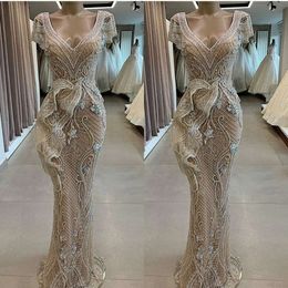 Evening V Beaded Stunning Appliqued Mermaid Neck Capped Short Sleeves Ruffle Sweep Train Prom Dresses Custom Made Formal Party Gowns
