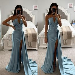 Haze blue mermaid prom dress v strapless evening dresses elegant backless satin formal gowns for black women split long robe de soiree