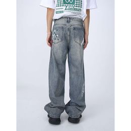 American Style Vibe Washed Distressed Jeans for Men with Summer Design Sense, Niche, Loose Wide Leg Straight Leg Drag Court Pants