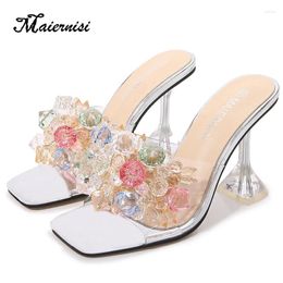 Slippers Crystal Flower High-heeled Stage Catwalk Hosting Model Car Myrnice Large Size Women's Shoes