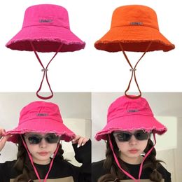 Outdoor Bucket Hat with Adjustable Chin Rope Frayed Design Bucket Hat Summer Sunproof Fisherman Hat for Adult 240426