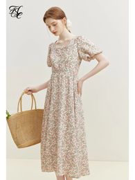 FSLE French Open Waist Design Fragmented Flower Dress Summer Square Neck For Women Pink Loose Casual 240424