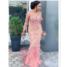 Dresses Ebi Plus Size Mermaid Feather Aso Lace Appliques Long Sleeves Evening Dress Custom Made Floor Length Party Gown
