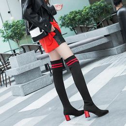 Boots Bling Thick Heels Knee Botines Breathable Knitted Stripe Botas Mujer Stretch Thigh High Long Socks Riding Women Shoes 2024