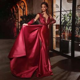 Formal Elegant Evening Mermaid Bury For Women Elastic Satin Celebriy Dresses With Long Sleeve Sexy Illusion Prom Dress Robes De Soriee