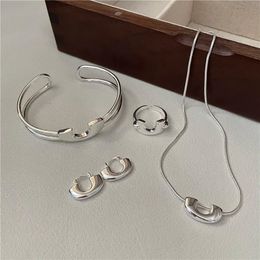 S925 Sterling Silver Korean Blog Master UU Design Set Fashion Simple Collar Chain Ring Earring Bracelet 240424