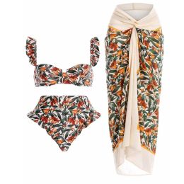 Suits Vintage Flower Print Bikini Ruffle Shoulder Strap Elegant Swimsuit High Waist Cropped Chic Beachwear Halter Sexy Swimwear 2022