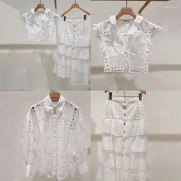 Women's Blouses Summer 2024 Women White Sweet Set Hole Hollowed Out Embroidered Ruffle Lace-up Top Or Single Breated Midi Skirt Suit