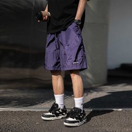 Shorts de praia de textura de metal han lu lu para verão novo versátil perna reta contraste casual bordado calças divididas