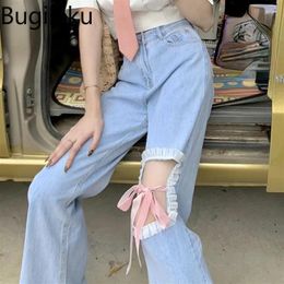 Women's Jeans Streetwear Fashion Denim Women High Waist Solid Colour Bow Knot Lace Up Sweet Trousers Female Loose Casual All-match Pants