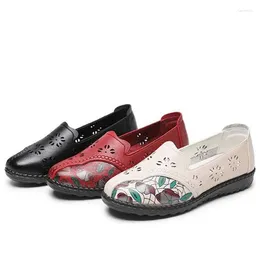 Casual Shoes GKTINOO 2024 Printing Hollow Genuine Leather Flat Soft Sole Non-slip Comfortable Fashion Woman Flats