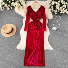 Casual Dresses Foamlina Women Vintage Velvet Party Dress Floral Lace Spliced V-neck Full Sleeve High Waist Ruched Split Sexy Eveing Club