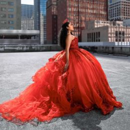 Gown Dresses Ball Princess Quinceanera Strapless Pluffy Prom Special Ocn Wear Red Sequins Lace Appliques Corset Organza Sweet 16 Dress