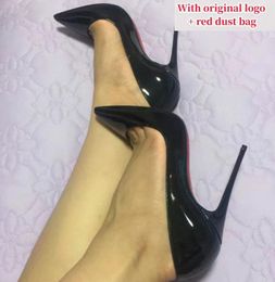 Женщины высокие каблуки заостренные обувь роскошная бренда красные блестящие днитные насосы сексуальные 6 см 8 см 10 см 12 см тонкой каблуки мелководья обнаженная черная патентная кожаная женщина свадебная обувь 34-44